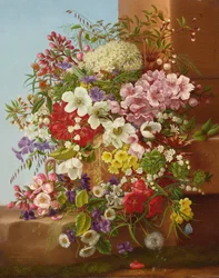 A Bounty of Flowers on a Stone Ledge
